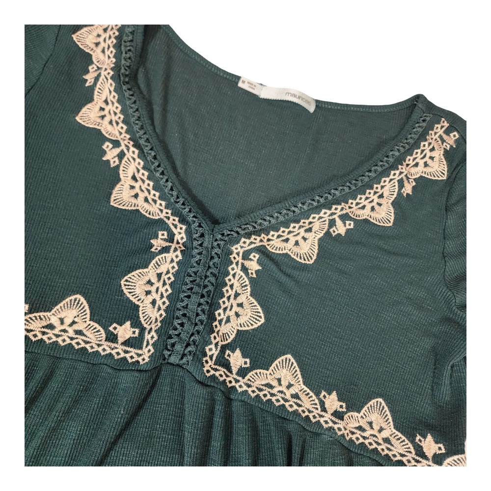 Maurices Womens Forest Green Ribbed Babydoll Top Long Sleeve Crochet Lace M - Picture 2 of 9